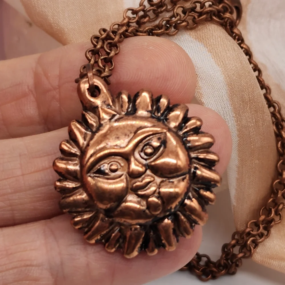 ❤️ Copper Jewelry Boho Necklace Chain Face Angel Inka Sun Pendant Hypoallergenic